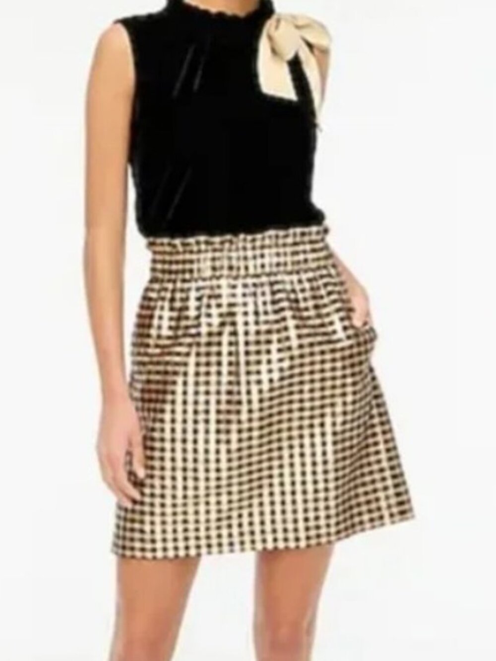 J. Crew Gold Metallic Gingham Pull On Mini Skirt Sz M Glam Preppy Holiday - Picture 1 of 7